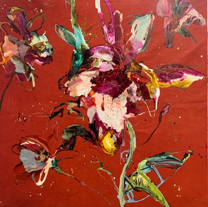 Red Botanic - 130 x 130 cm - Bloemen schilderij 