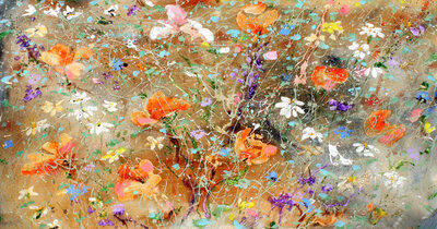 Wild flower field Orange - 180 x 100 cm- Schilderij bloemen