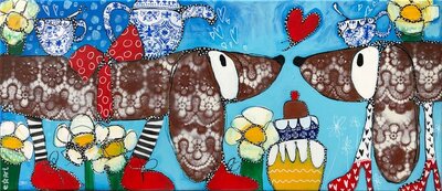 Time for a tea date - 120 x 50 cm - Honden schilderij