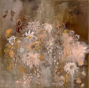 Golden Flowers - 100 x 100 cm - Schilderij bloemen