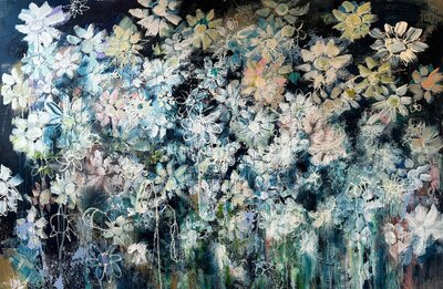 Between the flowers II - 150 x 100 cm - Schilderij bloemen abstract